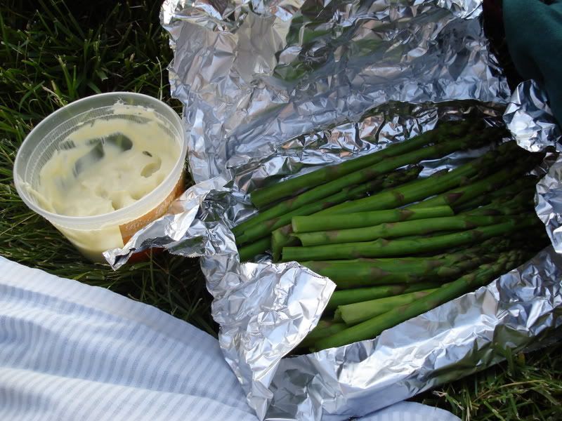 A pretty picnic of asparagus and wasabi mayonnaise